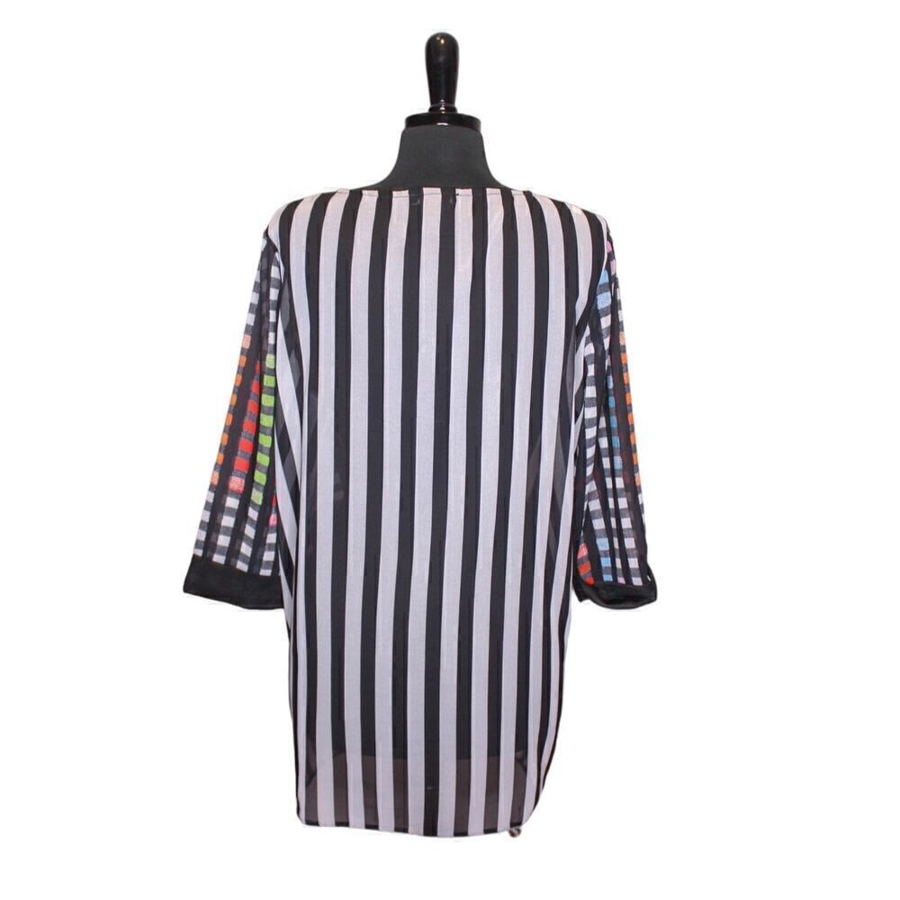 Alison Sheri Sheer Tunic Blouse Top Striped Checked Black And White L - Picture 3 of 4